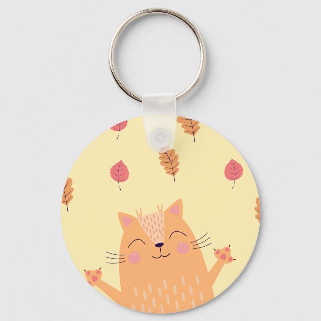 Chaveiro Cute Ginger Orange Cat Playing in Autumn Leaves (Frente)