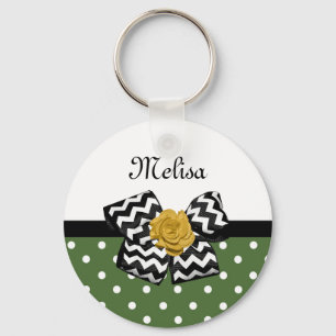 Chaveiro Cute Green Dots Yellow Rose Chevron Arco e Nome