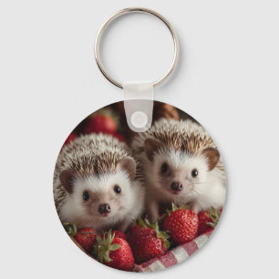 Chaveiro Cute Hedgehogs Peeking de uma Cesta de Morango