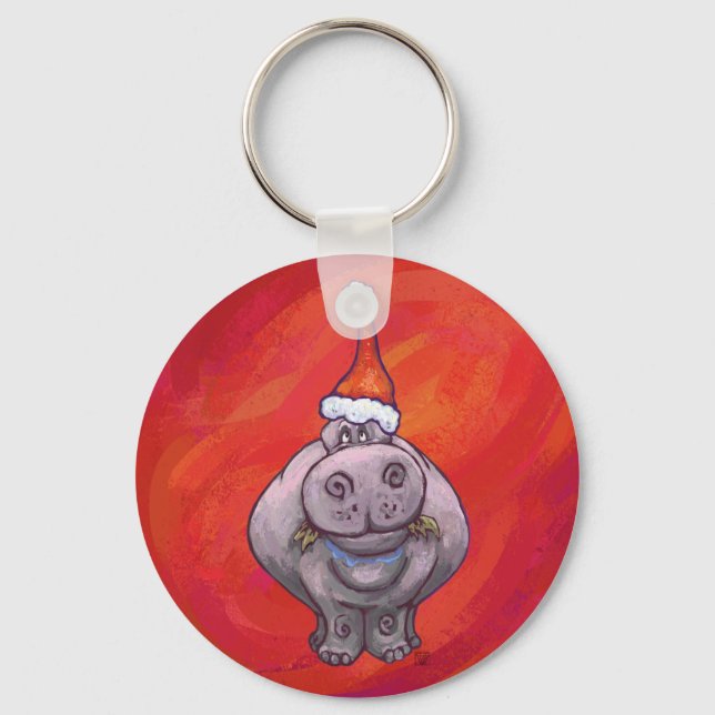 Chaveiro Cute Hippo em Santa Hat em Vermelho (Frente)