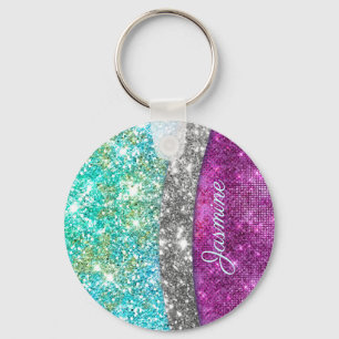 Chaveiro Cute iridescent purple teal faux glitter monogram