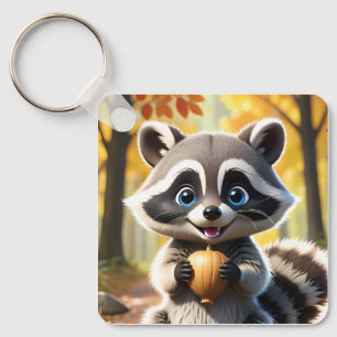 Chaveiro Cute Kawaii style Racoon segurando uma bolota