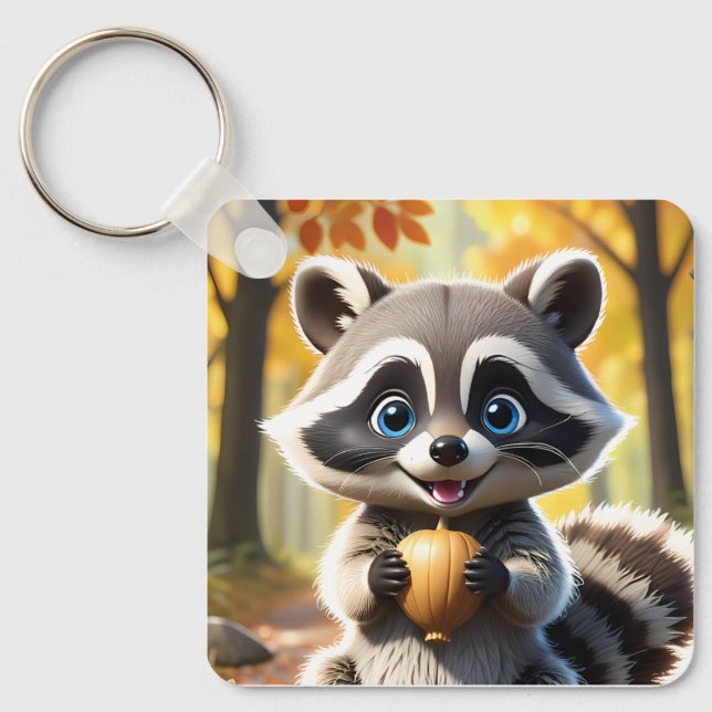 Chaveiro Cute Kawaii style Racoon segurando uma bolota (Frente)