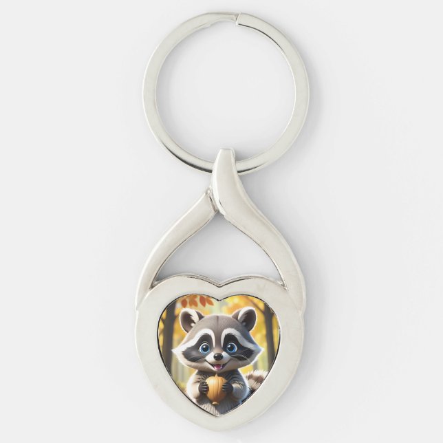 Chaveiro Cute Kawaii style Racoon segurando uma bolota (Frente)