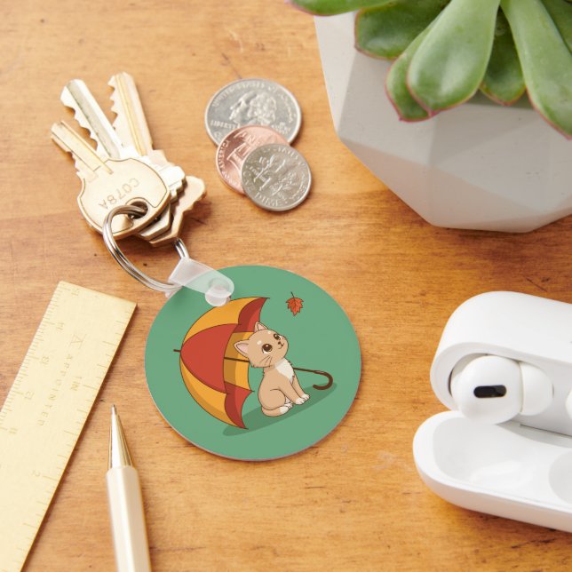 Chaveiro Cute Kitten Cat Red Yellow Umbrella Fall Green (Mesa)