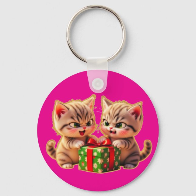 Chaveiro **Cute Kittens Fighting Over a Gift – Funny Christ (Frente)