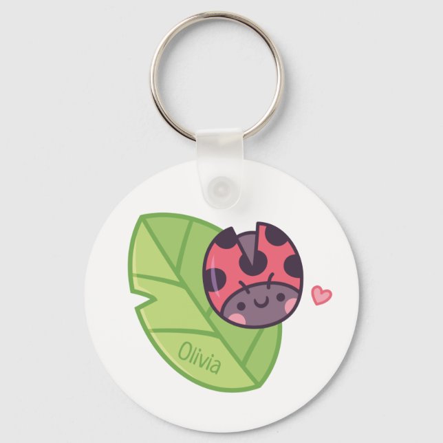 Chaveiro Cute Little Ladybug Beetle on Leaf Personalized (Frente)