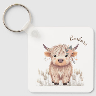 Chaveiro Cute Modern Boho Highland Cow, Nome Personalizado