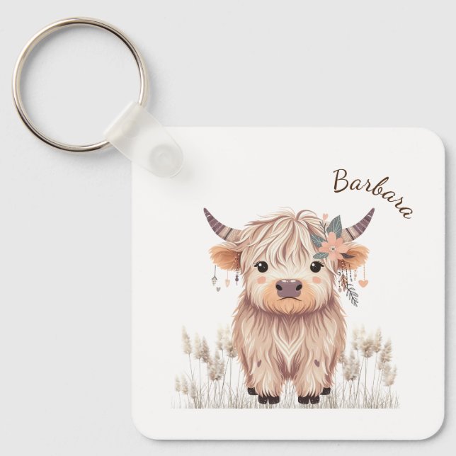 Chaveiro Cute Modern Boho Highland Cow, Nome Personalizado (Frente)