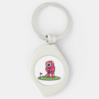 Chaveiro Cute One-Eyed Pink Monster Playing Golf Cartoon