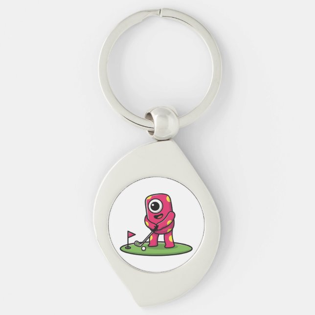 Chaveiro Cute One-Eyed Pink Monster Playing Golf Cartoon (Frente)