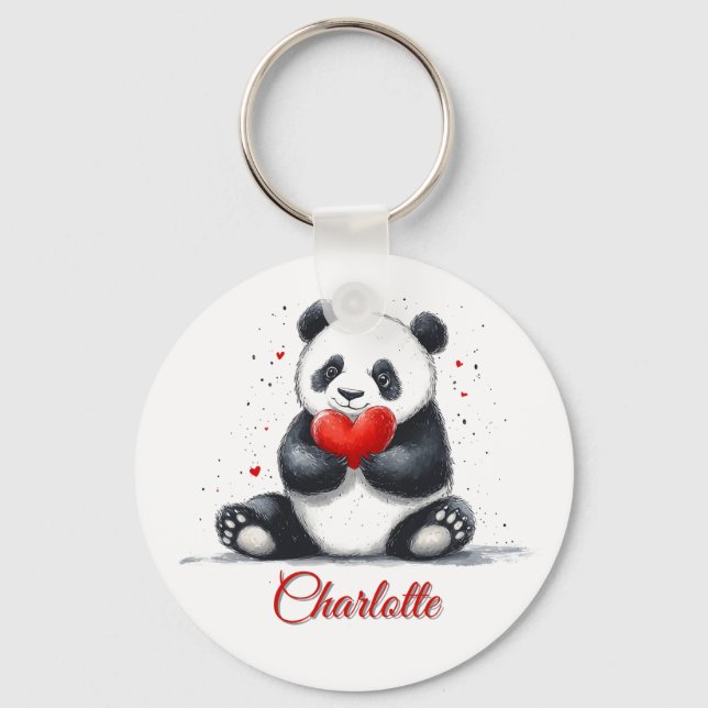 Chaveiro Cute Panda Segurando Coração com Nome Personalizáv (Frente)