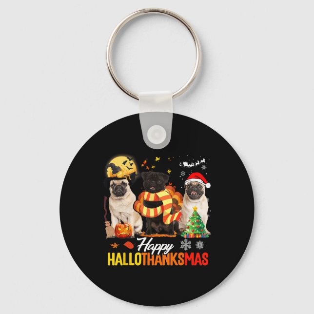 Chaveiro Cute Pug Happy Hallothanksmas Halloween Thanksgivi (Frente)