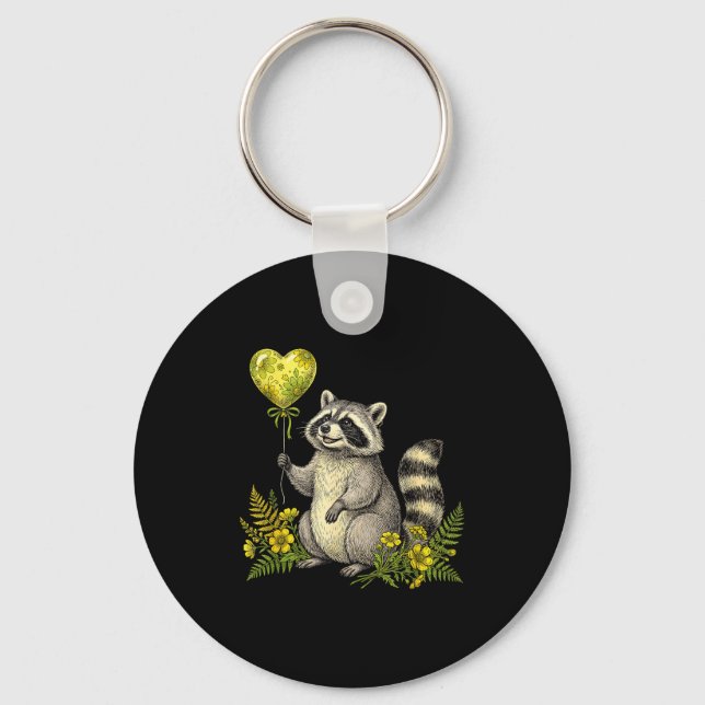 Chaveiro Cute Raccoon Balloon Heart Flowers Sweet Raccoon L (Frente)