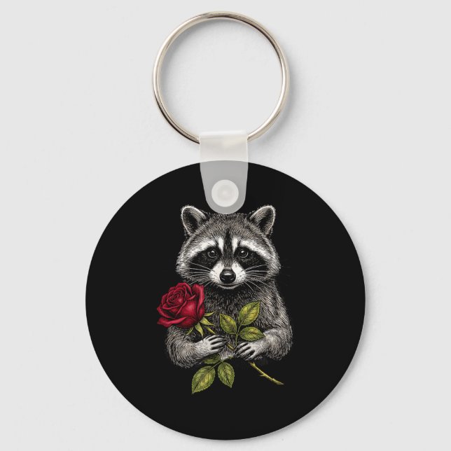 Chaveiro Cute Raccoon Holding A Red Rose Sweet Raccoon Love (Frente)