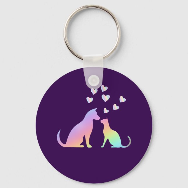 Chaveiro Cute Rainbow Cat and Dog Silhouette Love Purple To (Frente)
