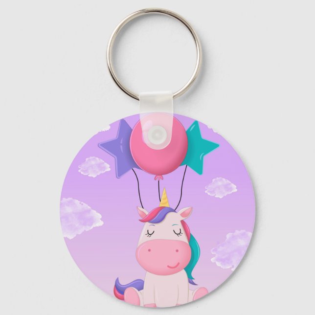 Chaveiro Cute Sitting Unicorn and Balloons Lilac (Frente)