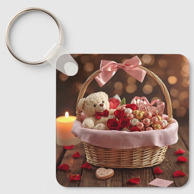 Chaveiro Cute Teddy Rose Basket Romantic Valentine Heart (Frente)