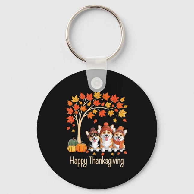 Chaveiro Cute Three Corgi Dogs Pumpkins Fall Tree Happy Tha (Frente)