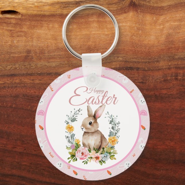 Chaveiro Cute Watercolor Bunny Floral Wreath Easter (Frente)