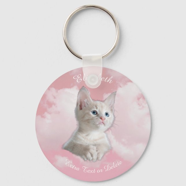 Chaveiro Cute White Kitten Rosa Sky Clouds Nome, Texto Extr (Frente)