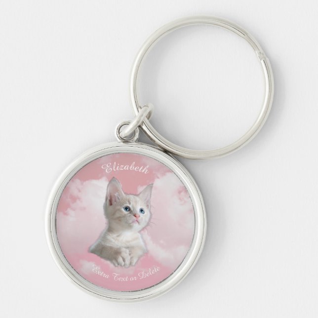 Chaveiro Cute White Kitten Rosa Sky Clouds Nome, Texto Extr (Frente)