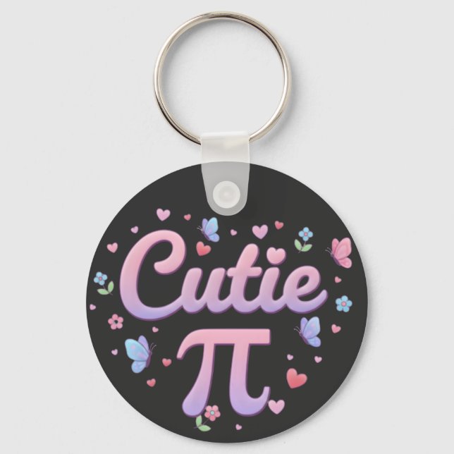 Chaveiro Cutie Pi Symbol Math Pun Pink Butterfly Hearts (Frente)