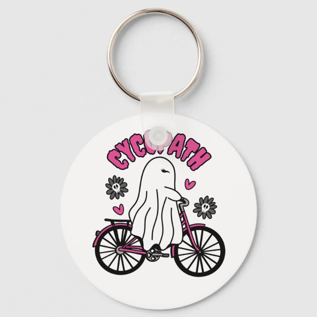 Chaveiro Cycopath Halloween Ghost em Bicicleta Rosa (Frente)