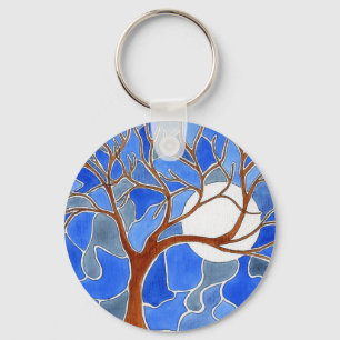 Chaveiro da arte da árvore e da lua - azul