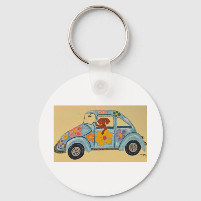 Chaveiro Dachshund em carro hippie (Frente)