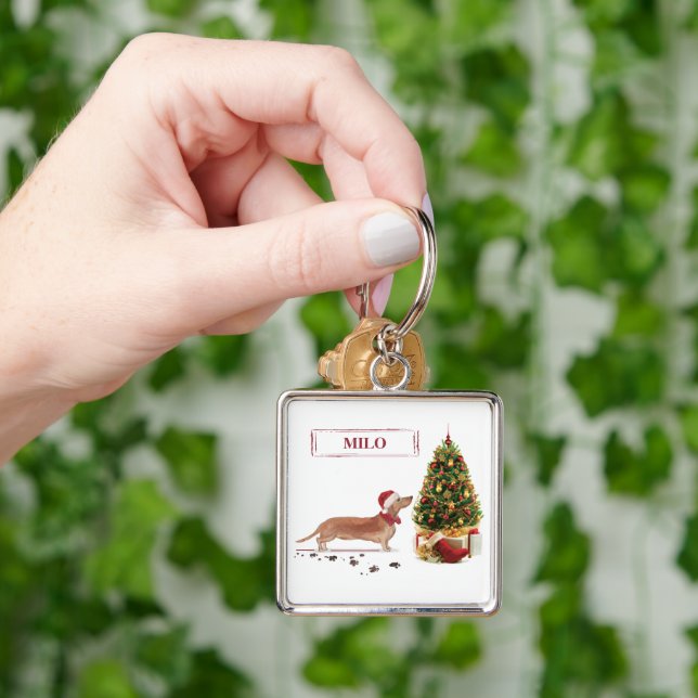 Chaveiro Dachshund Marrom Engraçado Cachorro Natal com Árvo (Mão)