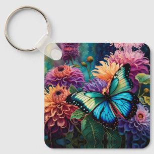 Chaveiro Dahlias E Borboleta Verde Azul Iridescente