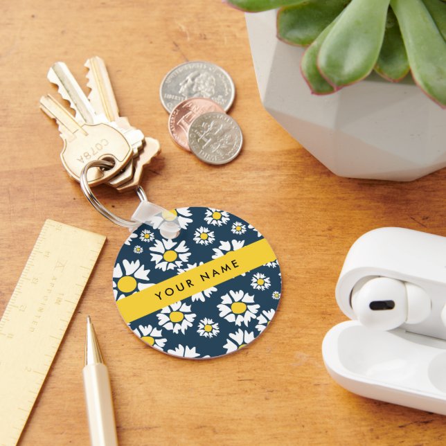 Chaveiro Daisy Pattern, White Daisies, Seu Nome (Mesa)