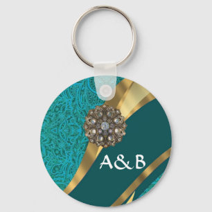 Chaveiro Damasco floral verde-teal