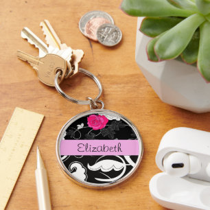 Chaveiro Damasco francês, flores, preto e branco, seu nome