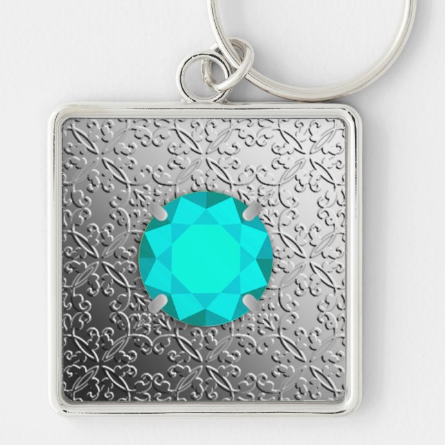 Chaveiro Damasco prateado com gemstone faux aquamarine (Frente)