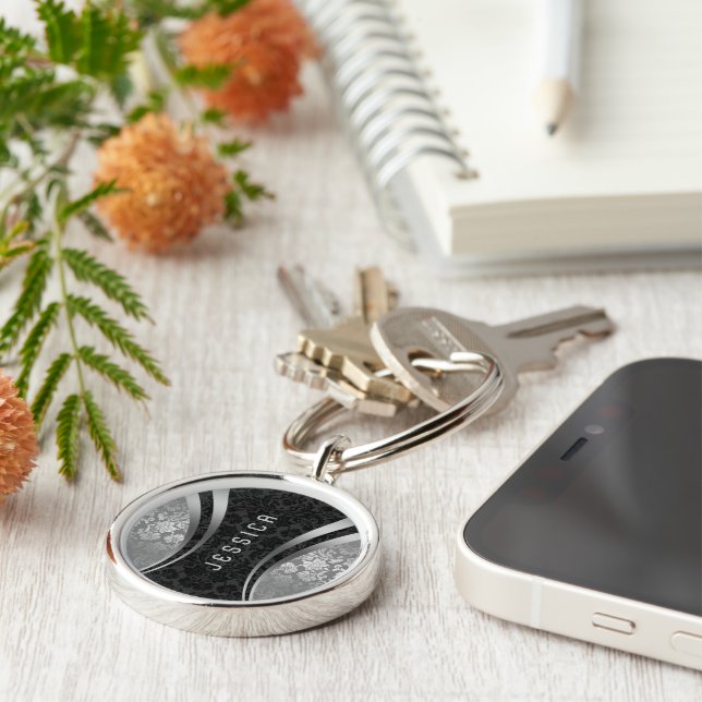 Chaveiro Damascos Florais Elegantes Pretos E Prateados (Lateral)