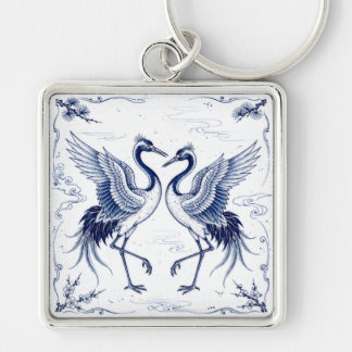 Chaveiro Dança de Grou Estilo Imari Japonês Azul e Branco