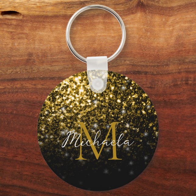 Chaveiro Dark gold yellow faux glitter sparkles Monogram (Frente)