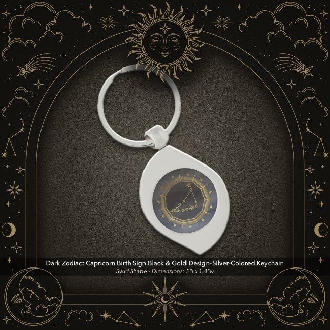 Chaveiro Dark Zodiac: Capricorn Birth Sign Black & Gold (Dark Zodiac: Capricorn Birth Sign Black & Gold Design on a Silver-Colored Keychain)