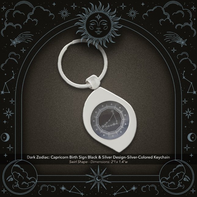 Chaveiro Dark Zodiac: Capricorn Birth Sign Black & Silver (Dark Zodiac: Capricorn Birth Sign Black & Silver Design on a Silver-Colored Keychain)