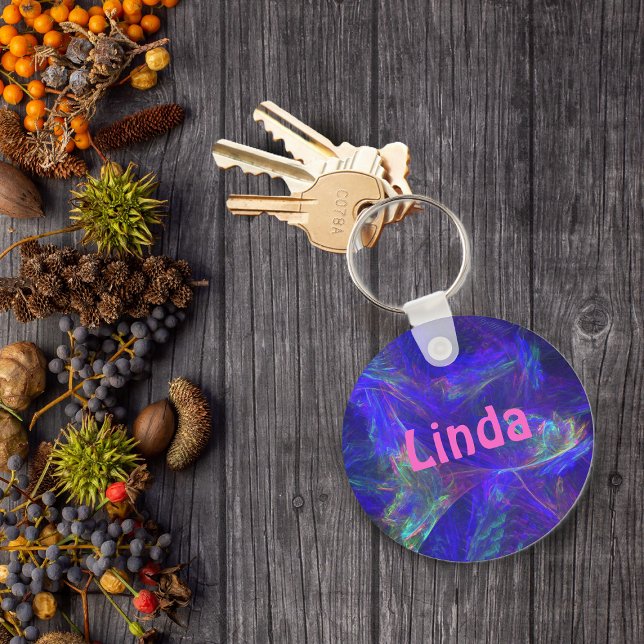 Chaveiro de Abstrato de Mist Azul Personalizado (Abstract swirls of bright vibrant colours in pink, green on deep blue keychain.)
