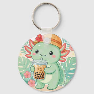 Chaveiro de Axolote Verde Kawaii Bebendo Chá de Bo