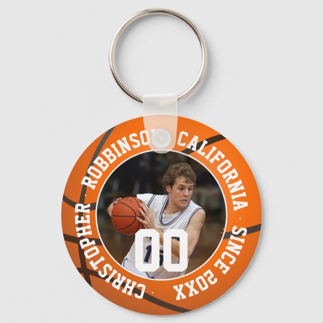 Chaveiro de basquetebol com foto e informações sob (Frente)