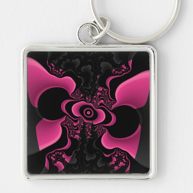 chaveiro de borboleta fractal preto e rosa (Frente)