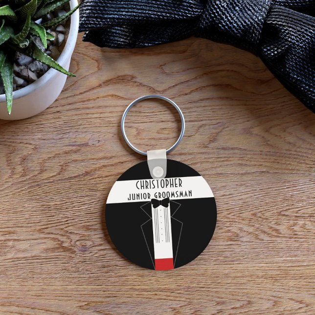 Chaveiro de Casamento Padrinho de casamento Negra  (Add your Junior Groomsman name to this cute black tuxedo keychain)