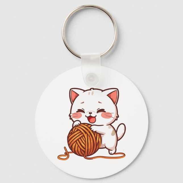 Chaveiro de Gatinho Branco Kawaii com Bola de Lã (Frente)