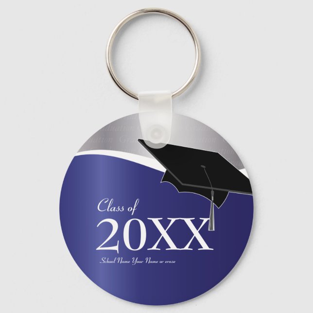 Chaveiro de graduação de azul e prata personalizáv (Frente)