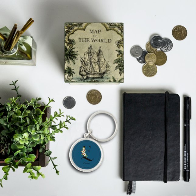 Chaveiro de monograma botânico branco azul (Criador carregado)