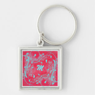 Chaveiro de Monograma de Swirls Vermelhas e Aqua